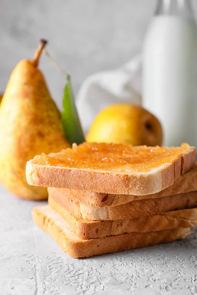 Bread Tasty Pear Jam Table Closeup — Stock Photo, Image