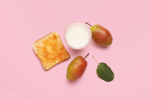 Bread Tasty Pear Jam Glass Milk Pink Background — Stock Photo, Image