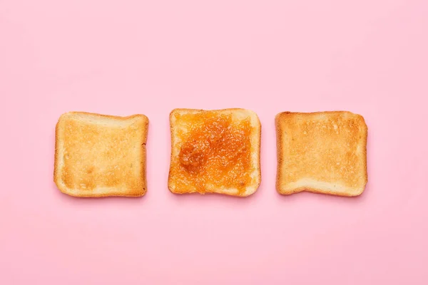 Tasty Pear Jam Bread Pink Background — Stock Photo, Image