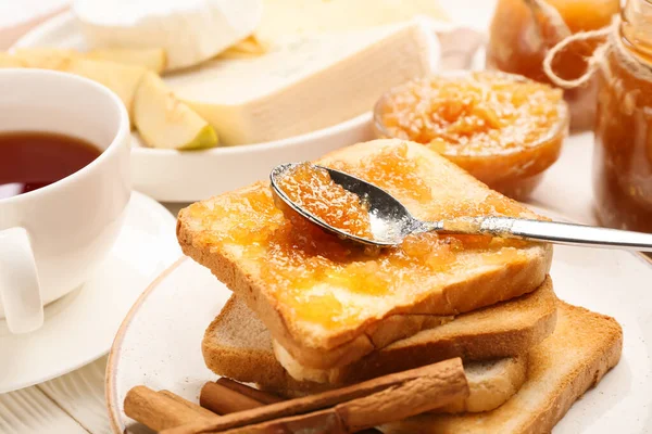 Bread Tasty Pear Jam Cinnamon Plate Table Closeup — Stock Photo, Image