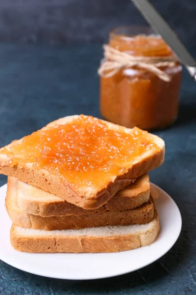 Bread Tasty Pear Jam Plate Dark Background Closeup — Stock Photo, Image