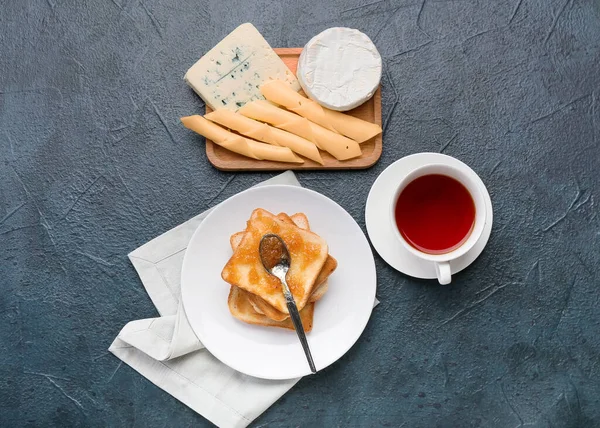 Bread Tasty Pear Jam Cheese Cup Tea Dark Background — Stock Photo, Image