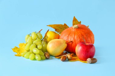Mavi arka planda farklı sağlıklı yiyecekler. Hasat festivali