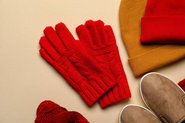 Warm Gloves Hats Shoes Color Background Closeup — Stock Photo, Image