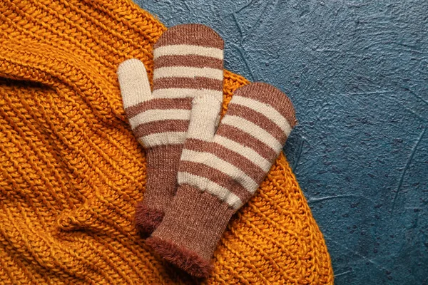 Pair Warm Mittens Clothes Dark Color Background Closeup — Stock Photo, Image
