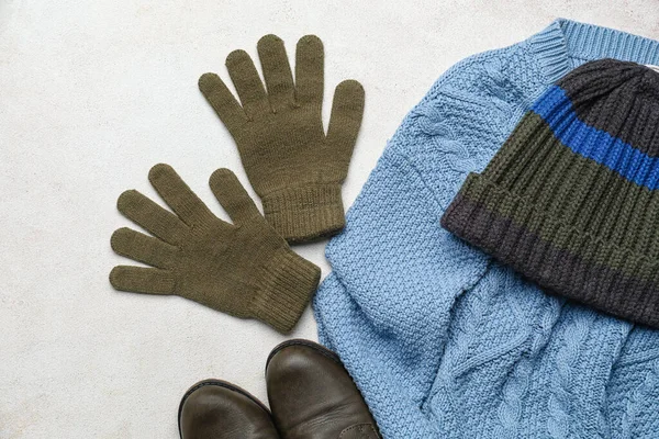 Warm Gloves Sweater Hat Shoes Light Background Closeup — Stock Photo, Image