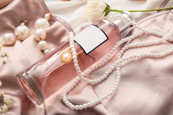 Bottle Perfume Elegant Female Accessories Fabric Background Closeup — Stock Photo, Image