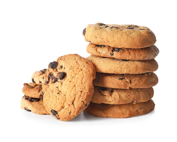 Biscoitos Caseiros Saborosos Com Chips Chocolate Fundo Branco — Fotografia de Stock