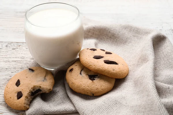 Tasty Homemade Cookies Chocolate Chips Glass Milk Light Wooden Background — Stock Photo, Image