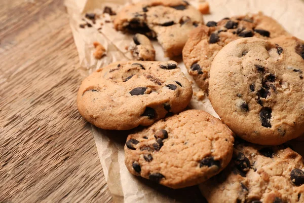 Parchment Tasty Homemade Cookies Wooden Background Closeup — Stock Photo, Image