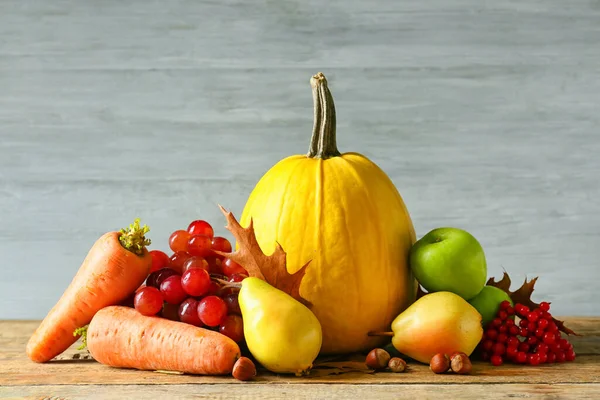 Different Healthy Food Wooden Table Harvest Festival — Stock Photo, Image