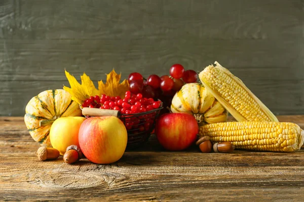 Different Healthy Food Wooden Table Harvest Festival — Stock Photo, Image