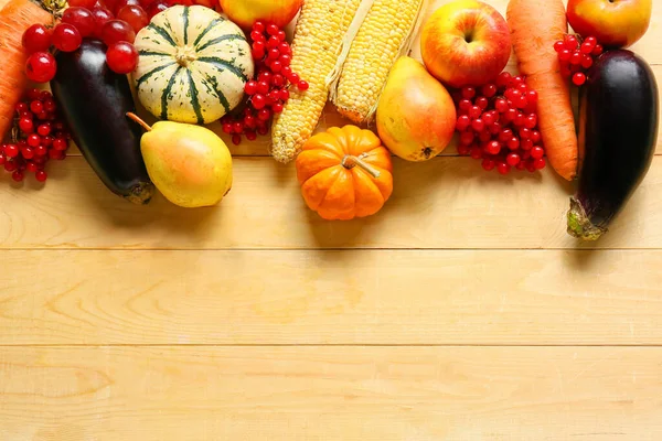 Different Healthy Food Wooden Background Harvest Festival — Stock Photo, Image