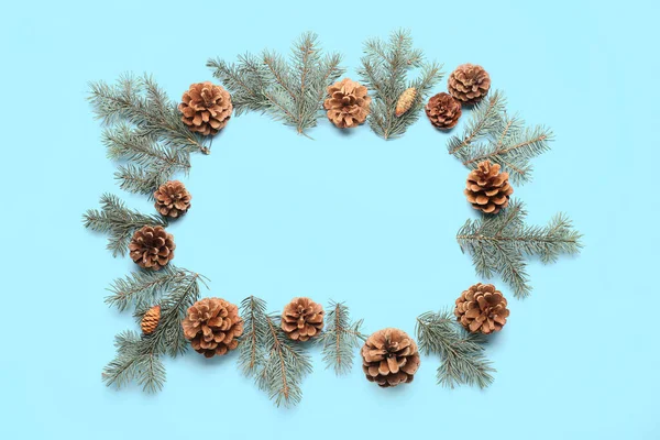 Frame Made Fir Branches Pine Cones Color Background — Stock Photo, Image