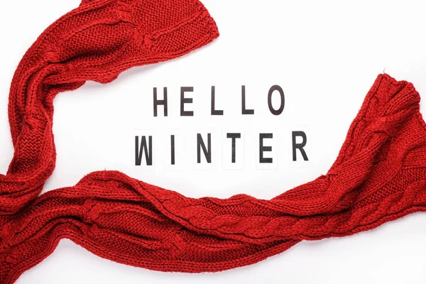 Text Hello Winter Knitted Scarf White Background — Stock Photo, Image