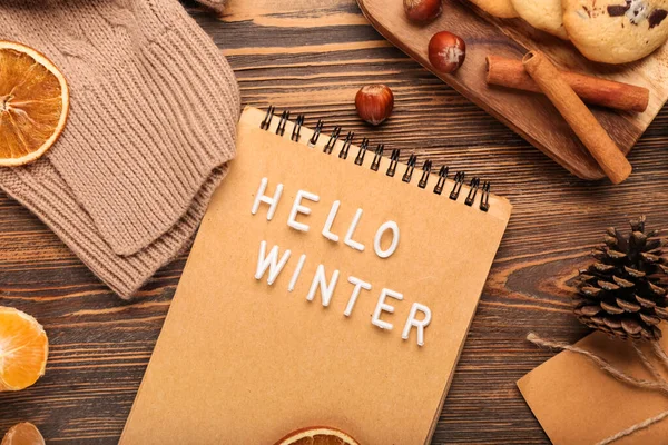 Composition Text Hello Winter Notebook Cinnamon Wooden Background Closeup — Stock Photo, Image