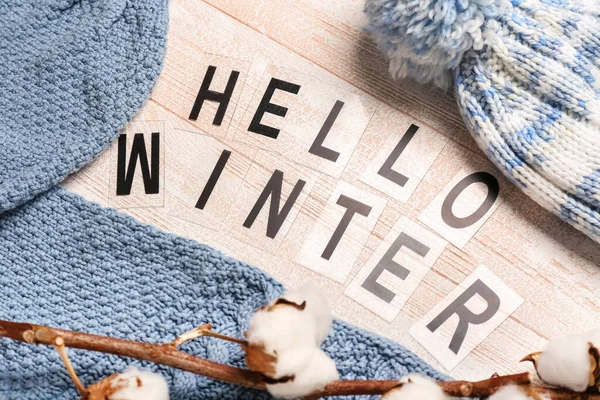 Composition Text Hello Winter Warm Hat Sweater Cotton Branch Light — Stock Photo, Image