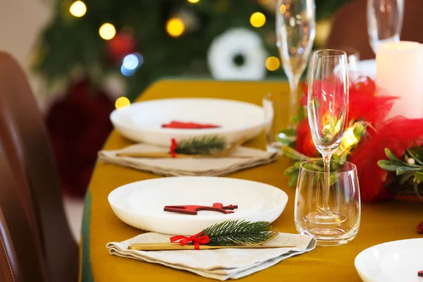 Dining Table Setting Christmas Celebration Indoors Closeup — Stock Photo, Image