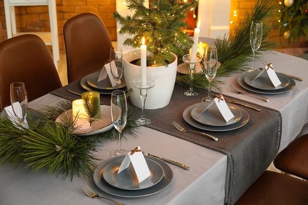 Dining Table Beautiful Setting Christmas Celebration Blank Cards Indoors — Stock Photo, Image