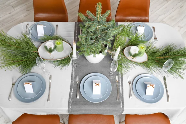 Tavolo Pranzo Con Bella Cornice Celebrazione Del Natale Carte Bianche — Foto Stock