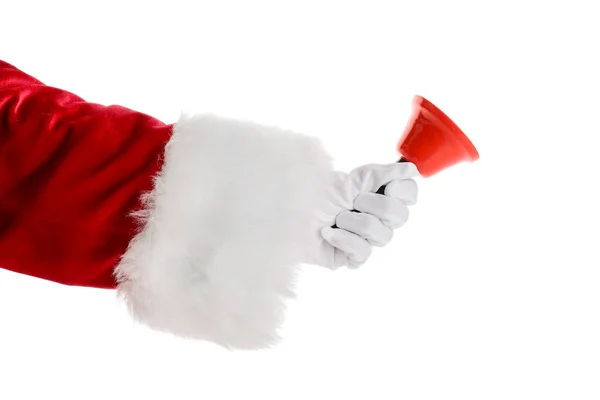 Mikulás Kéz Piros Karácsonyi Harang Elszigetelt Fehér Háttér Közelkép — Stock Fotó