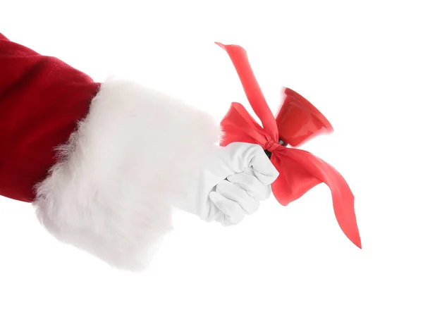 Santa Claus Holding Christmas Bell Red Ribbon White Background Closeup — Stock Photo, Image