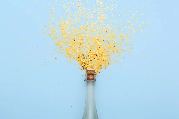 Composition Champagne Bottle Golden Confetti Color Background — Stock Photo, Image