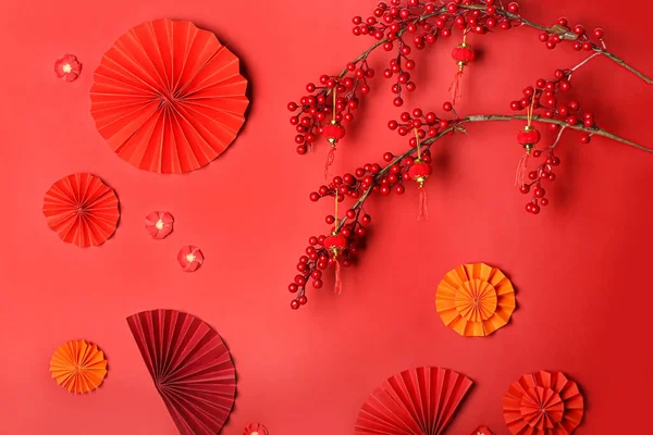 Prachtige Chinese Compositie Rode Achtergrond — Stockfoto