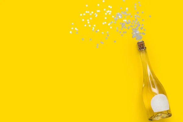 Bottle Champagne Beautiful Confetti Yellow Background — Stock Photo, Image