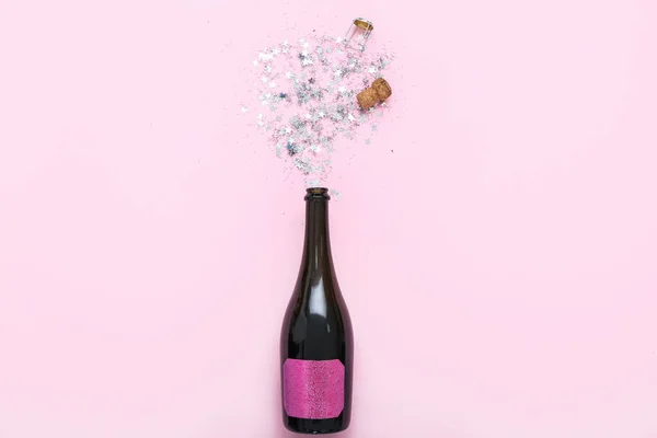 Composition Bottle Champagne Beautiful Confetti Pink Background — Stock Photo, Image