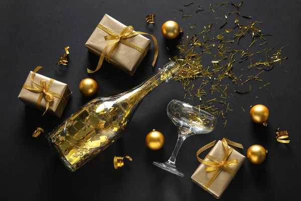 Champagne Glass Bottle Golden Confetti Gift Boxes Beautiful Decorations Dark — Stock Photo, Image