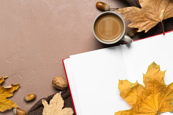 Cup Tasty Coffee Blank Book Autumn Leaves Beige Background — Stock Photo, Image