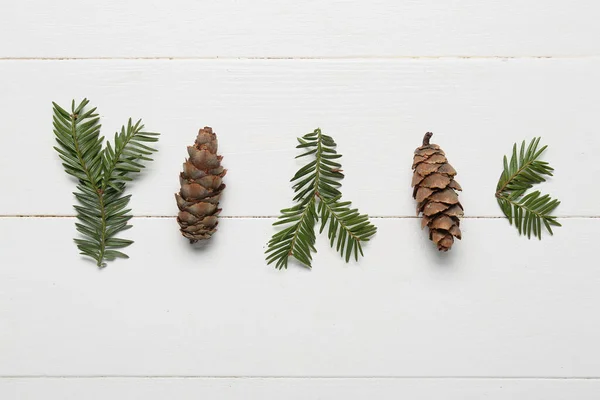 Fir Branches Cones Light Wooden Background — Stock Photo, Image