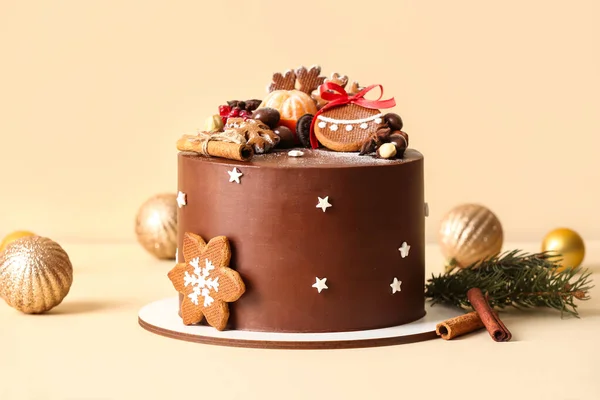 Stand Tasty Christmas Chocolate Cake Balls Beige Background — Stock Photo, Image