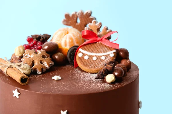 Tasty Christmas Chocolate Cake Blue Background Closeup — Stock Photo, Image