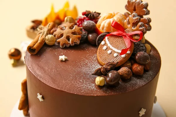 Tasty Christmas Chocolate Cake Beige Background Closeup — Stock Photo, Image