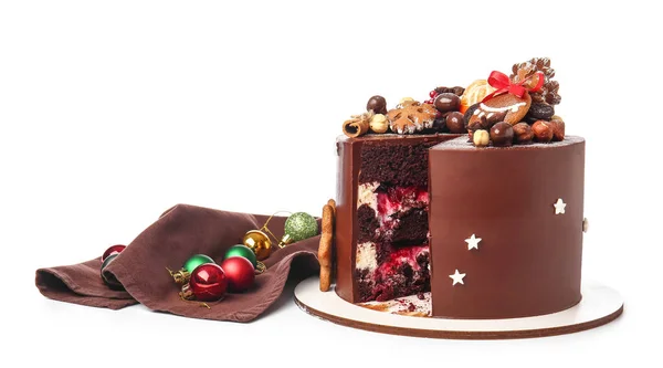 Стенд Вкусным Рождественский Шоколадный Торт Белом Фоне — стоковое фото