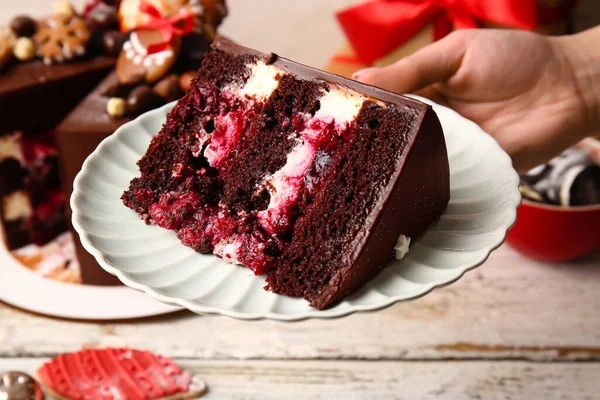 Woman Holding Plate Piece Tasty Christmas Chocolate Cake Closeup — Stock Photo, Image