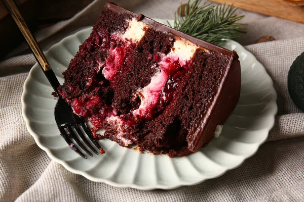 Plate Piece Tasty Christmas Chocolate Cake Table Closeup — Stock Photo, Image