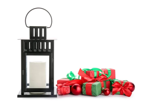 Beautiful Christmas Lantern Candle Gifts Balls White Background — Stock Photo, Image