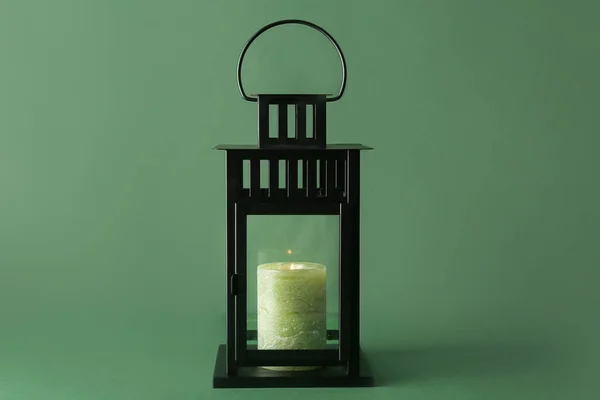 Beautiful Christmas Lantern Burning Candle Green Background — Stock Photo, Image