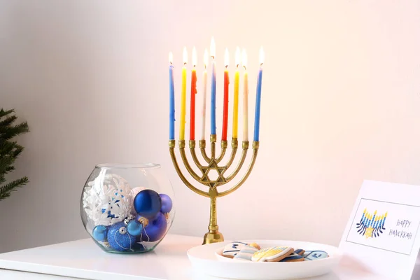 Menorah Habitación Decorada Para Celebración Hanukkah —  Fotos de Stock