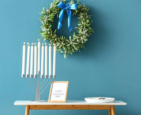 Menorah Table Room Decorated Hanukkah Celebration — Stock Photo, Image