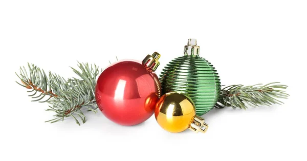 Bright Christmas Balls Fir Branches White Background — Stock Photo, Image