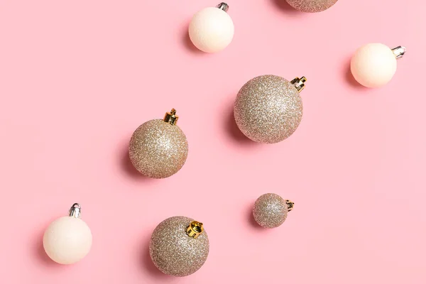 Different Bright Christmas Balls Pink Background — Stock Photo, Image
