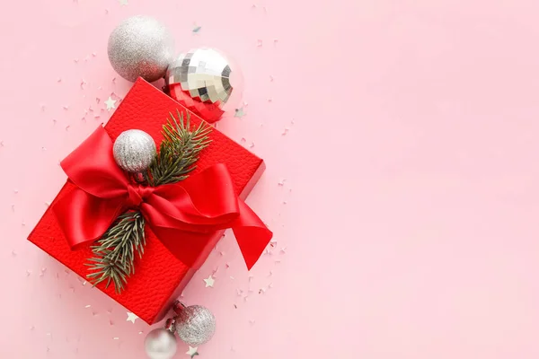 Composition Christmas Gift Box Balls Fir Branches Pink Background — Stock Photo, Image