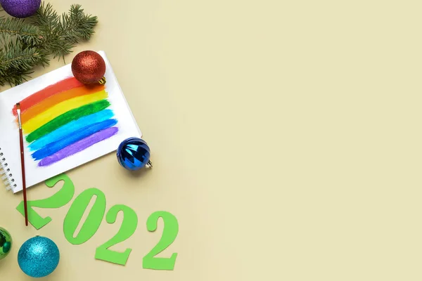 Notebook Drawn Rainbow Flag Christmas Decor Color Background Lgbt Concept — Stock Photo, Image