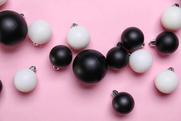 Black White Christmas Balls Pink Background — Stock Photo, Image