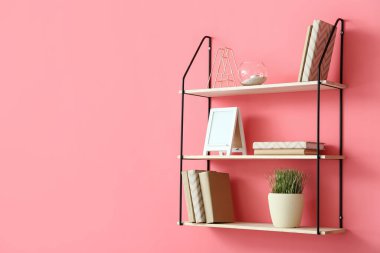 Renk duvarında kitap ve dekor olan modern raf