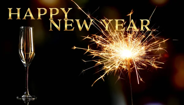 Biglietto Auguri Celebrazione Del Nuovo Anno Con Bicchiere Champagne Scintillante — Foto Stock